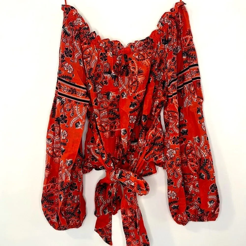 CHELSEA & VIOLET Off the shoulder long sleeve crop top with tie XS